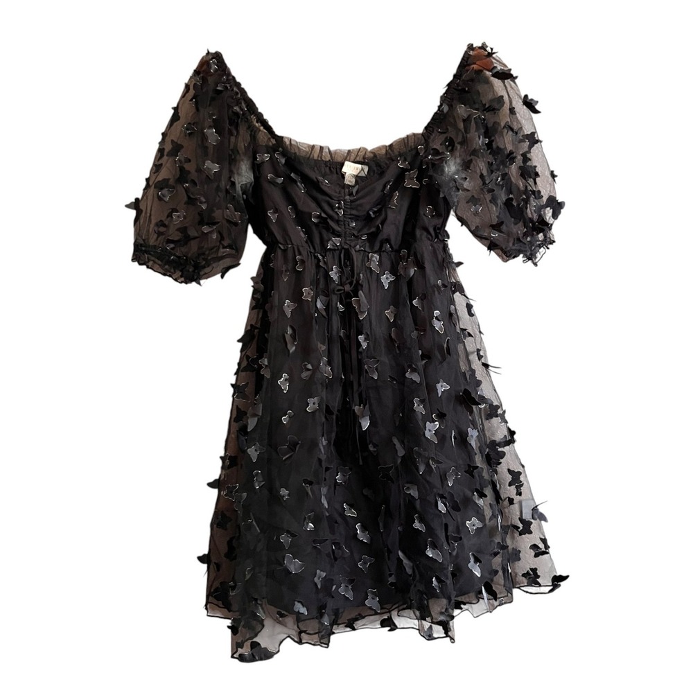 Thirty/Third L.A. Butterfly Mini Dress Size Med Black 3D Applique Puff Sleeves